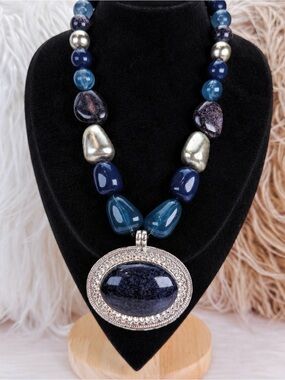 Aged Silvertone and blue southwestern style Bohemian chic statement Necklace